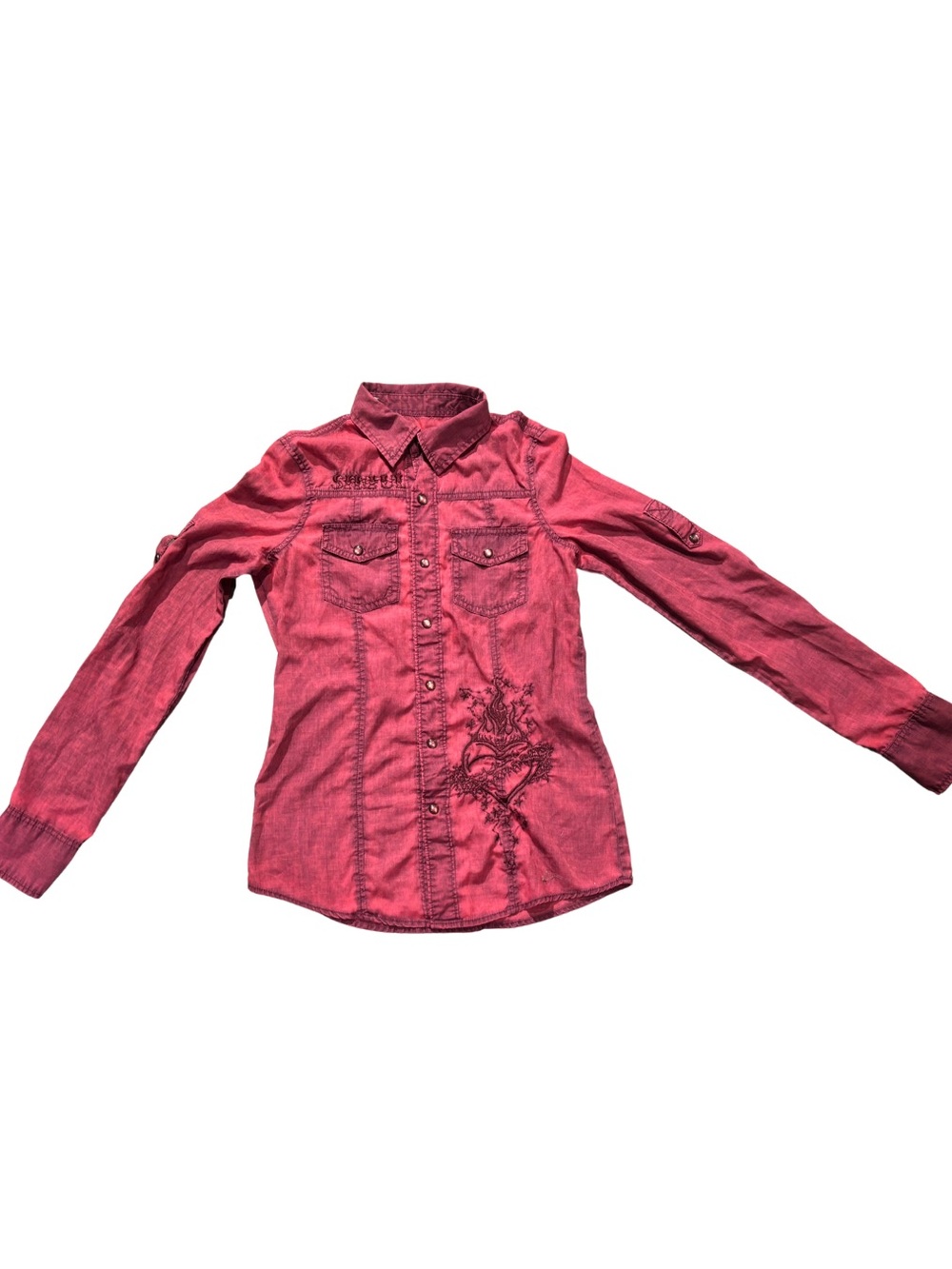 Sinful by Affliction Red Embroidered Button Up Shirt XS Sacred Heart Wings